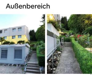 two pictures of a garden and a building at 25m2 Studio with Kitchen in Zürich in Zurich