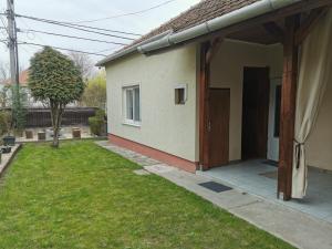 una pequeña casa con una puerta en un patio en Kucko Vendeghaz Guesthouse, en Sárospatak