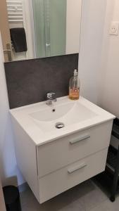 een badkamer met een witte wastafel en een spiegel bij Charmante maison 3 Chambres avec Terrasse in Tourcoing