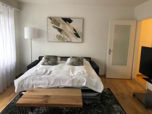 1 dormitorio con 1 cama grande y 1 mesa en Bright and quiet studio in the city center (Sky1) en Zúrich