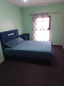 Tacheddirt的住宿－Gite Dar Amgdoule，一间卧室设有蓝色的床和窗户。