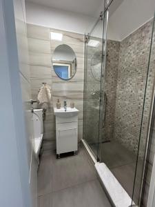 bagno con doccia, lavandino e specchio di Cluj Home due a Cluj-Napoca
