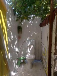 a small bathroom with a toilet and a green stool at Village Serenity Cottage with outside toilet in Podgorica