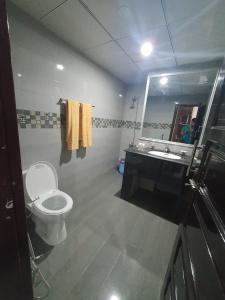 a bathroom with a toilet and a sink and a mirror at New Hilton Hotel in Naran