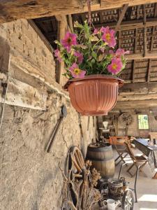 a pot of flowers hanging from a wall at A la Forge (proche d'Europapark) in Sermersheim