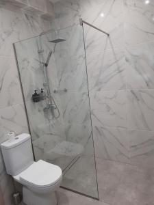 a white bathroom with a toilet and a shower at Akis Place in Ioannina