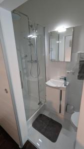 ein weißes Bad mit einer Dusche und einem Waschbecken in der Unterkunft Deine Unterkunft in zentraler Lage in Hamburg Altona in Hamburg