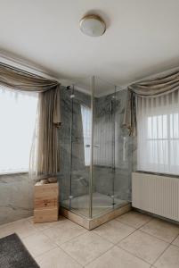 a bathroom with a shower with a glass door at Ludwigslust, deine Rückzugsoase in Mehltheuer