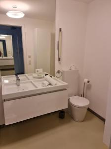 ein Badezimmer mit einem weißen Waschbecken und einer Toilette in der Unterkunft Panorama Penthouse sermoreal in Zell am See + 38 Fotos