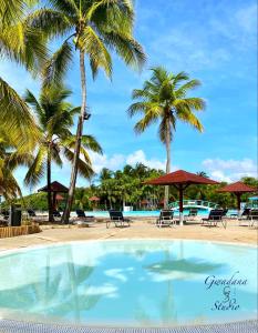 a pool at a resort with palm trees and chairs at Vue Exclusive Mer et Volcan, Village Vacances avec Plage et Piscine, Les Gwadastudios in Sainte-Anne