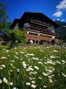 un campo de flores frente a un edificio en Gästehaus Bergland, en Berwang