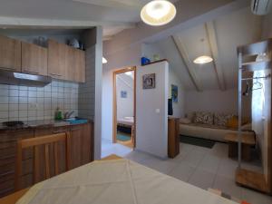 a kitchen and living room with a couch in the background at Guest House Dobriša in Vinišće