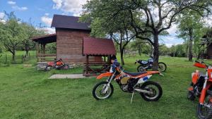 a group of motorcycles parked in front of a cabin at Sătucul de Vacanță Brăduleț in Uleni +66 photos