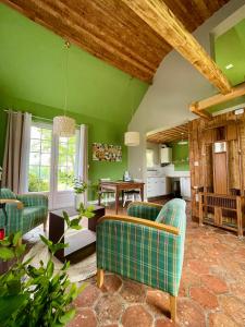 メニル・サン・ペールにあるLes Cottages d'Orient Premiumの緑の壁のリビングルーム(ソファ付)