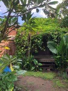 una panchina di legno nel mezzo di un giardino di Omah Guyub 2 a Jarakan Altre 12 foto