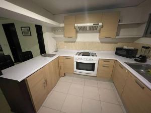 a small kitchen with a stove and a sink at Bonito depto super comodo y cerca de todo in León