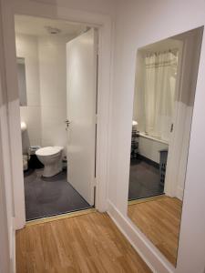a bathroom with a toilet and a mirror at 2 double bedrooms apartment near airport & town in Dublin