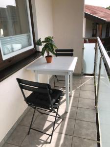 een witte tafel en stoel op een balkon met een plant bij Ferienwohnung Sonnenblick in Amerang