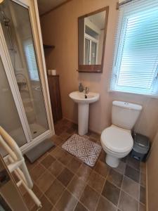 a bathroom with a toilet and a sink and a shower at Caravan Turnberry 2 in Port Seton