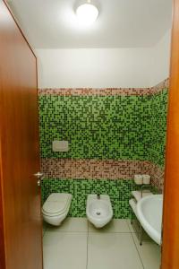a green tiled bathroom with a toilet and a sink at Hotel Villa Principe in San Nicola Arcella