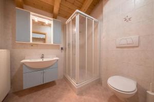 La salle de bains est pourvue de toilettes, d'un lavabo et d'une douche. dans l'établissement Gasthof Innerwalten, à San Leonardo in Passiria