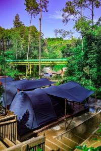 a group of blue tents in a forest with a bridge at WULANDARI CAMPING GROUND in Bandung