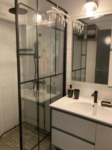 ein Badezimmer mit Waschbecken und Glasdusche in der Unterkunft Chaleureux Studios Martinique in Fort-de-France