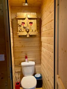 een badkamer met een toilet in een houten kamer bij Chalet des Moineaux in Saint-Laurent-du-Jura