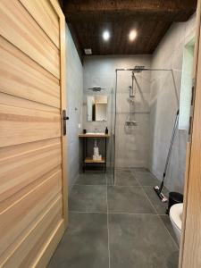 a bathroom with a shower and a toilet and a door at Na starej drodze in Ciche