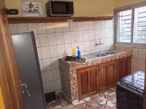uma cozinha com um lavatório e uma bancada em Comfort Zone Apartment em Iaundé