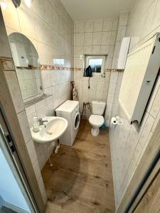 a bathroom with a toilet and a sink at Dom wakacyjny u Marzeny in Lińsk