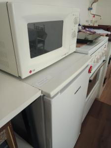 KuršumlijaKuća iz zavičaja的厨房台面上的一个微波炉