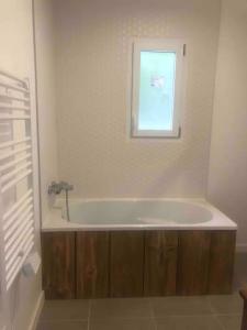 a bathroom with a bath tub with a window at Le Couart in Castets