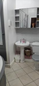 a bathroom with a sink and a toilet at Bow Cottage in Abercraf +6 photos