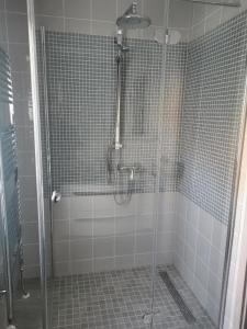 y baño con ducha y puerta de cristal. en Gästehaus in der Daimlerstadt, en Schorndorf