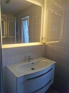 a bathroom with a sink and a mirror at Gästehaus Giannikis in Schorndorf
