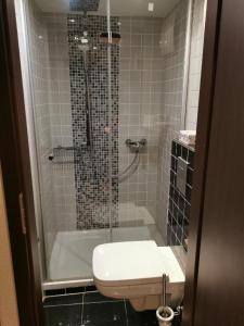 e bagno con doccia, servizi igienici e lavandino. di Gästehaus in der Daimlerstadt a Schorndorf