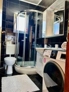 łazienka z prysznicem i pralką w obiekcie Apartmani Andric w mieście Trebinje