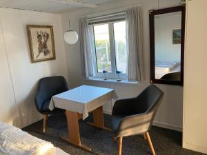 スケーエンにあるSkagen Annex Apartmentのテーブル、椅子2脚、鏡が備わる客室です。
