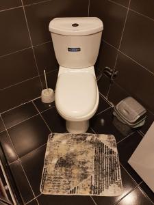 ein Badezimmer mit einem WC und einem Teppich auf dem Boden in der Unterkunft Banesa ne Fushë Kosovë in Pristina