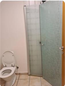 a bathroom with a toilet and a glass shower door at Værelse til leje 4 in Hørve
