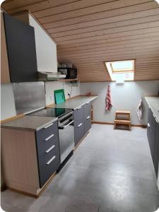 a kitchen with gray cabinets and a skylight at Værelse til leje 4 in Hørve