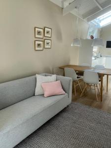 a living room with a gray couch with a pink pillow at Huisje Hendrik in Baarn