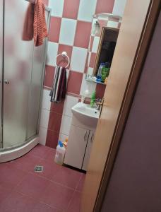 ein Bad mit einer Dusche, einem Waschbecken und einem Spiegel in der Unterkunft Apartament Untold Festival in Cluj-Napoca
