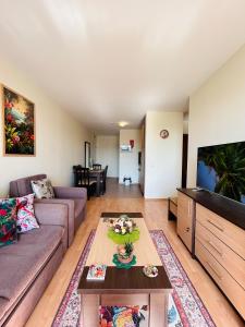 a living room with a couch and a flat screen tv at Paradise View in Sunny Beach
