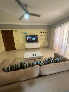 a living room with a couch and a tv at Las Palmeras by Graziano in Boca Chica