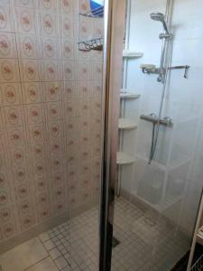 a shower with a glass door in a bathroom at Jolie longère au calme proche du Futuroscope in Saint-Georges-lès-Baillargeaux