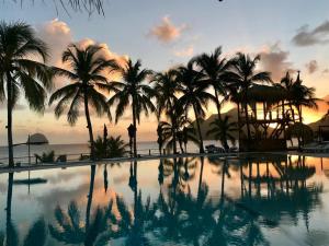 uma piscina com palmeiras e o oceano ao pôr do sol em Studio Cocooning Diamond - Piscine et Terrasse vue mer em Le Diamant
