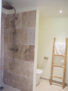 uma casa de banho com um chuveiro e um WC. em Studio Cocooning Diamond - Piscine et Terrasse vue mer em Le Diamant