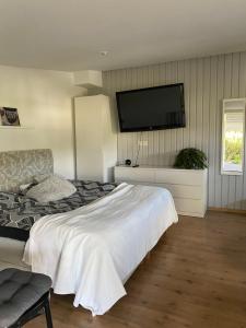 um quarto com uma cama e uma televisão de ecrã plano na parede em Lägenhet Skarphagen Norrköping em Norrköping